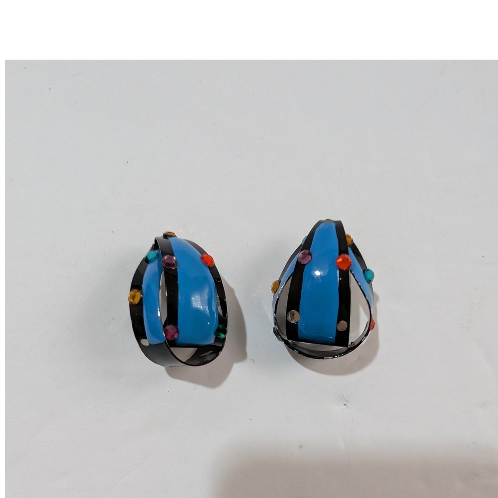 Vintage Blue Black Enamel Rhinestone Teardrop Hoop Pierced Earrings 1980s Style